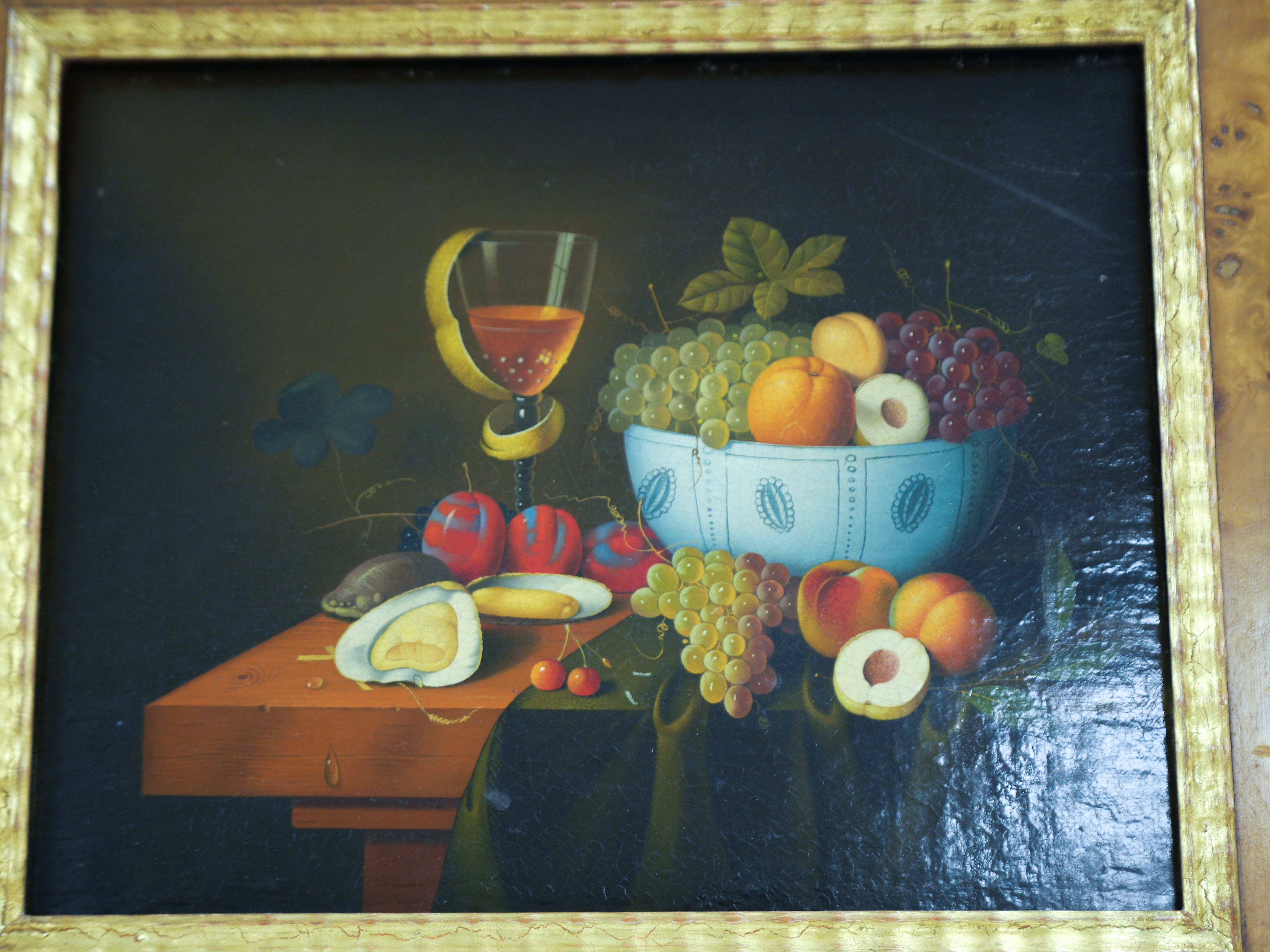 20th century, Dutch School, pair of oils on canvas, Still lifes of fruit, 22 x 29cm, housed in burr maple frames. Condition - fair, loose within frames